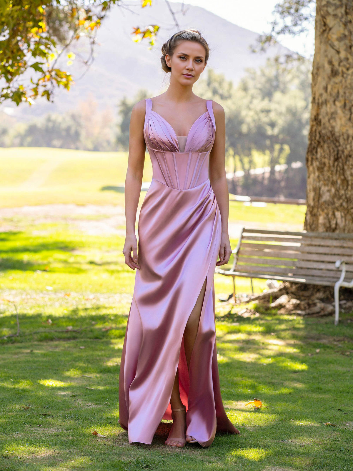 Dress Sheath Pink V-neck Satin Floor Length Prom Dress