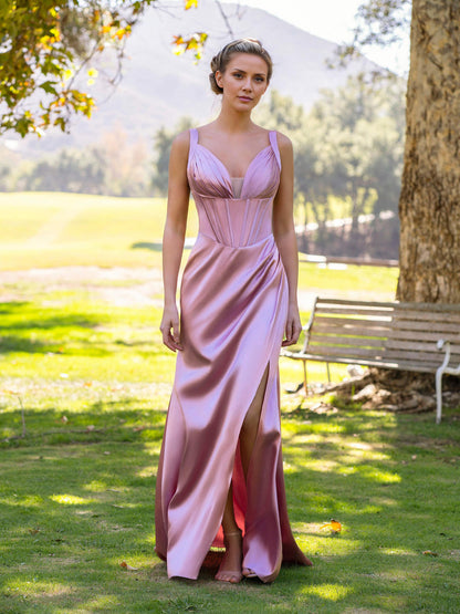Dress Sheath Pink V-neck Satin Floor Length Prom Dress