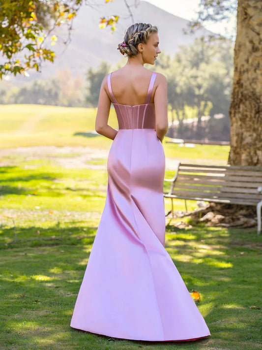 Dress Sheath Pink V-neck Satin Floor Length Prom Dress