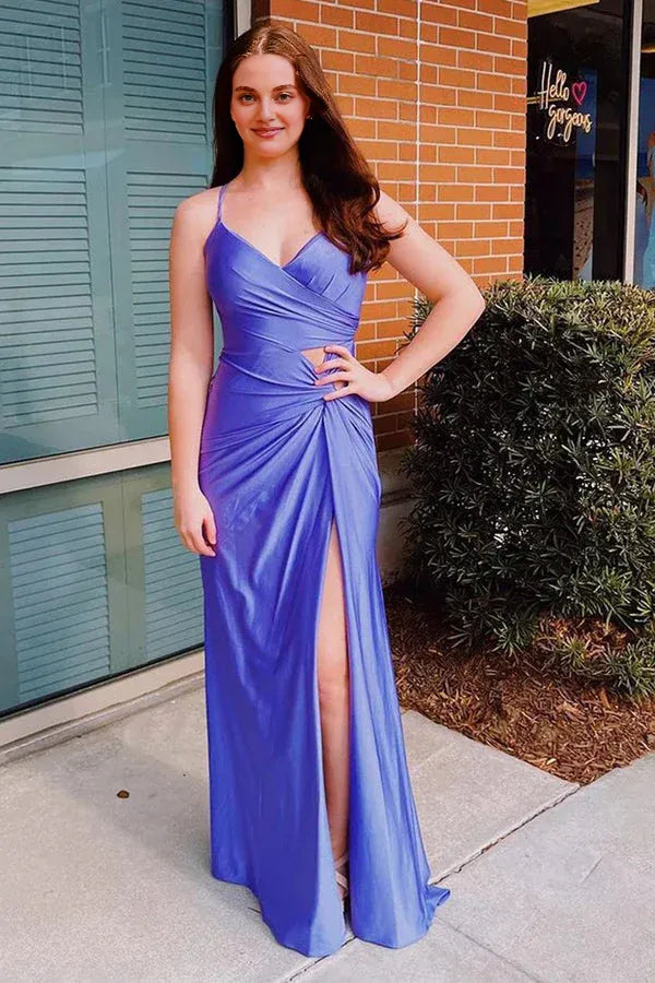 Dress Sheath Spaghetti Straps Corset Back Purple Prom Dress With Split