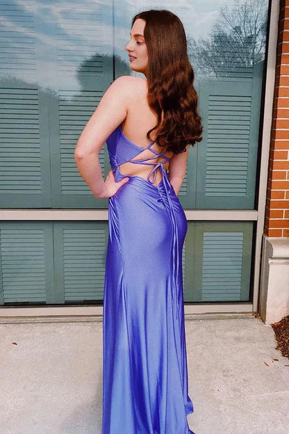 Dress Sheath Spaghetti Straps Corset Back Purple Prom Dress With Split