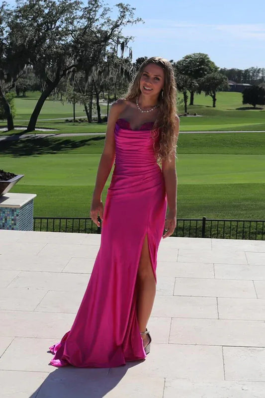 Dress Sheath Strapless Fuchsia Floor Length Satin Long Prom Dress With Side Slit