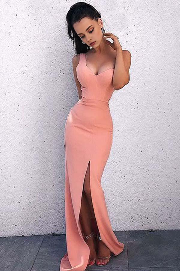 Dress Sheath V Neck Open Back Blush Pink Split Long Prom/Evening Dresses