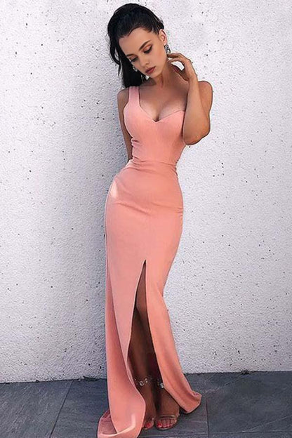 Dress Sheath V Neck Open Back Blush Pink Split Long Prom/Evening Dresses
