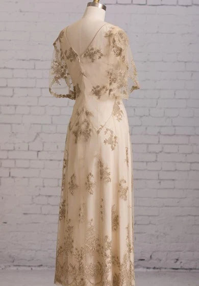 Dress Sheath With Illusion Butterfly Sleeves V Back Goldline Embroidery Brush Train Dress Wedding Dress