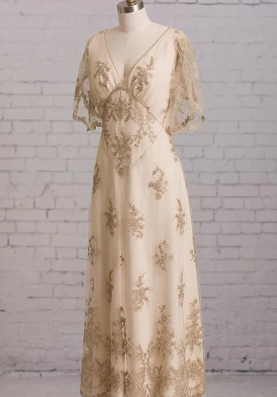 Dress Sheath With Illusion Butterfly Sleeves V Back Goldline Embroidery Brush Train Dress Wedding Dress