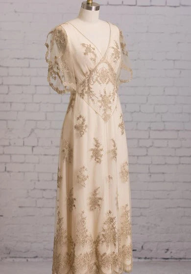 Dress Sheath With Illusion Butterfly Sleeves V Back Goldline Embroidery Brush Train Dress Wedding Dress
