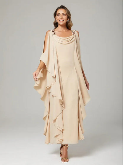 Dress Sheath&Column Mother of the Bride Dress Wedding Guest Elegant Crew Neck Floor Length Chiffon Half Sleeve With Beading Cascading Ruffles