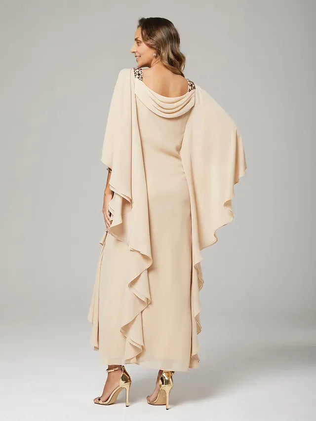 Dress Sheath&Column Mother of the Bride Dress Wedding Guest Elegant Crew Neck Floor Length Chiffon Half Sleeve With Beading Cascading Ruffles