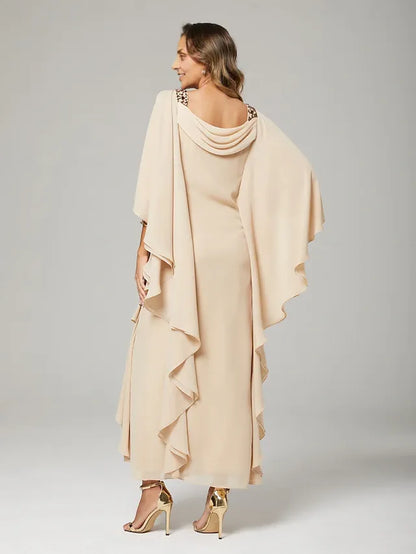 Dress Sheath&Column Mother of the Bride Dress Wedding Guest Elegant Crew Neck Floor Length Chiffon Half Sleeve With Beading Cascading Ruffles