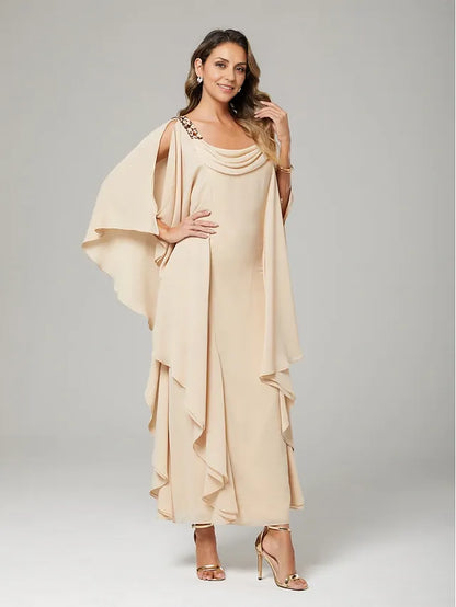 Dress Sheath&Column Mother of the Bride Dress Wedding Guest Elegant Crew Neck Floor Length Chiffon Half Sleeve With Beading Cascading Ruffles