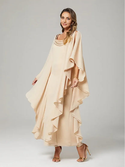 Dress Sheath&Column Mother of the Bride Dress Wedding Guest Elegant Crew Neck Floor Length Chiffon Half Sleeve With Beading Cascading Ruffles