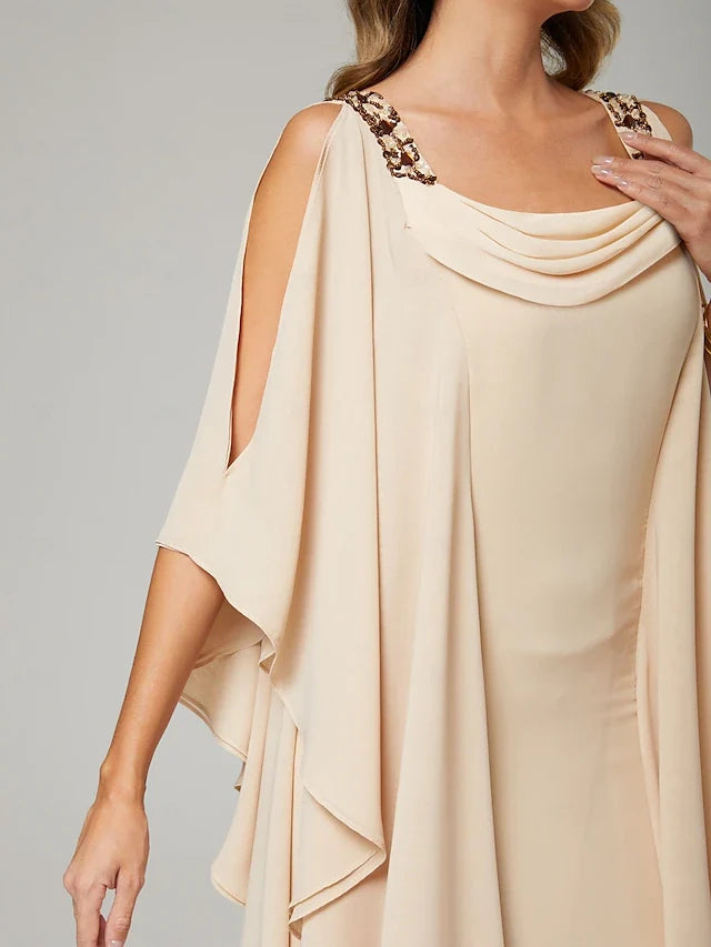 Dress Sheath&Column Mother of the Bride Dress Wedding Guest Elegant Crew Neck Floor Length Chiffon Half Sleeve With Beading Cascading Ruffles