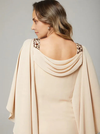 Dress Sheath&Column Mother of the Bride Dress Wedding Guest Elegant Crew Neck Floor Length Chiffon Half Sleeve With Beading Cascading Ruffles