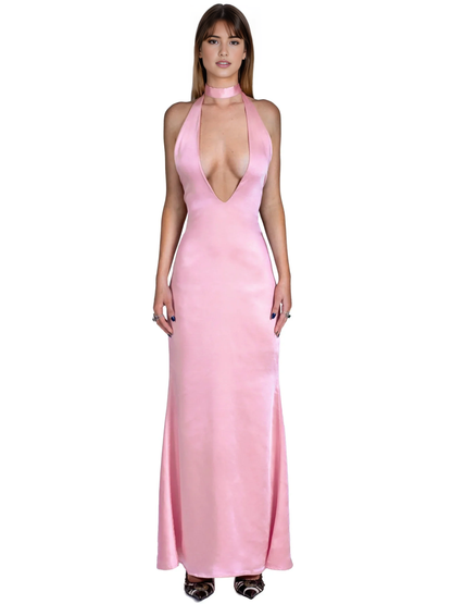 Dress Sheer Pink Off Shoulder Satin Open Back Party Dress Lake Blue Deep V Neck Floor Length Prom Dress
