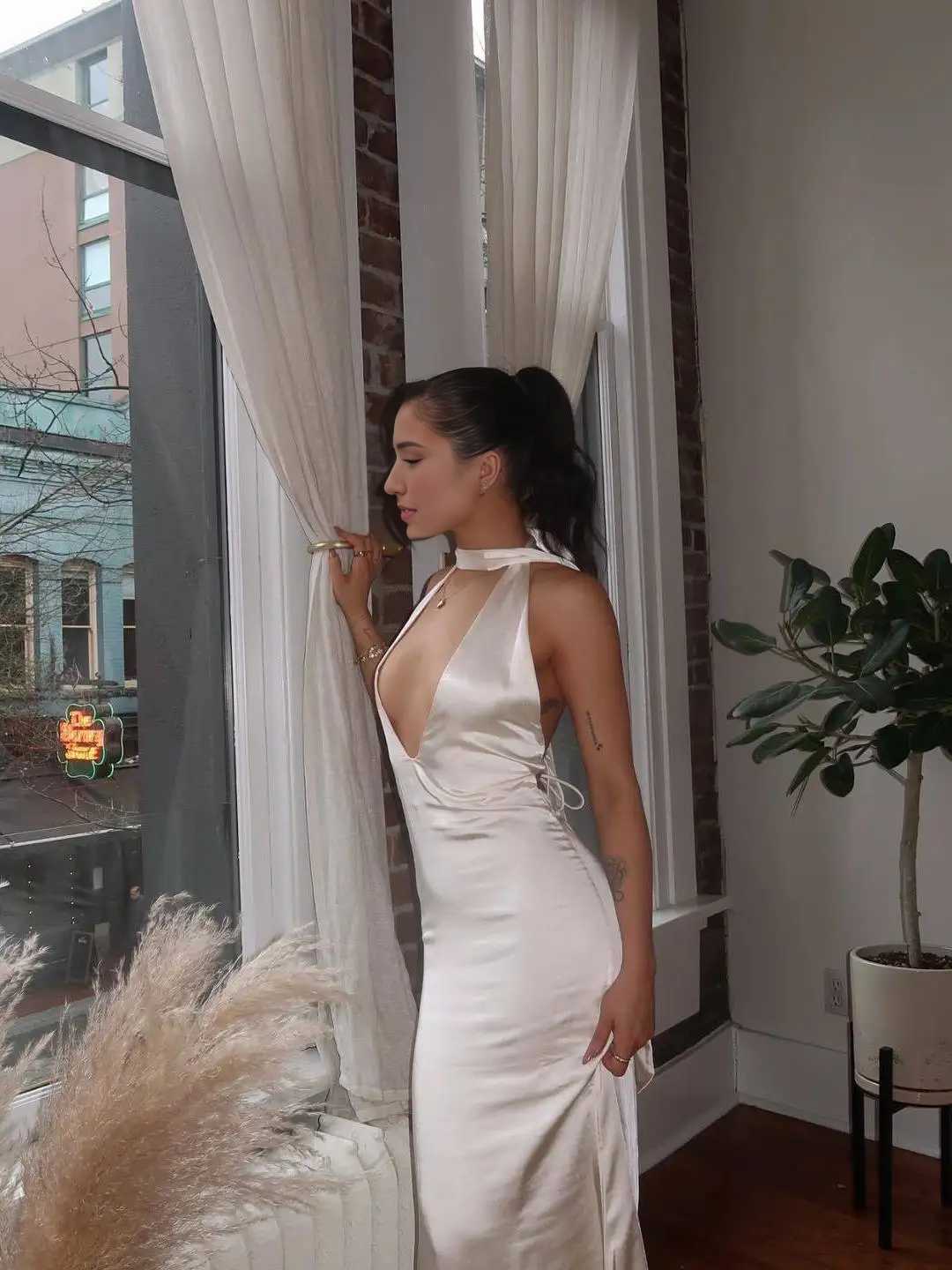 Dress Sheer Pink Off Shoulder Satin Open Back Party Dress Lake Blue Deep V Neck Floor Length Prom Dress