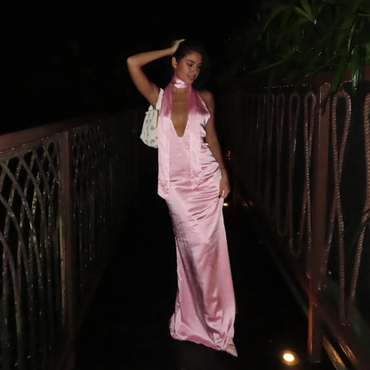 Dress Sheer Pink Off Shoulder Satin Open Back Party Dress Lake Blue Deep V Neck Floor Length Prom Dress