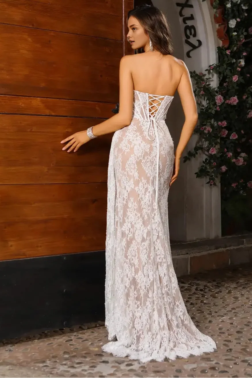 Dress Sheer White Lace Evening Dress Strapless Corset Bodice And Dramatic Slit Prom Dress