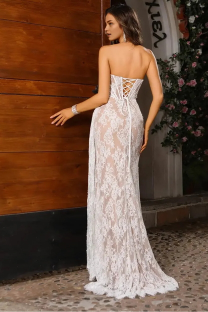 Dress Sheer White Lace Evening Dress Strapless Corset Bodice And Dramatic Slit Prom Dress