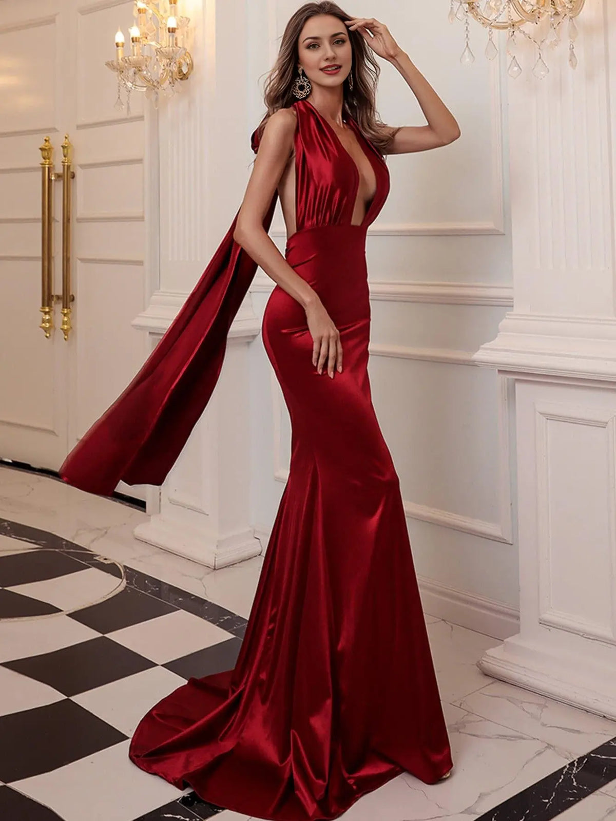 Dress Shining Halter V Neck Red Mermaid Sweep/Brush Train Sleeveless Prom Dress With Backless