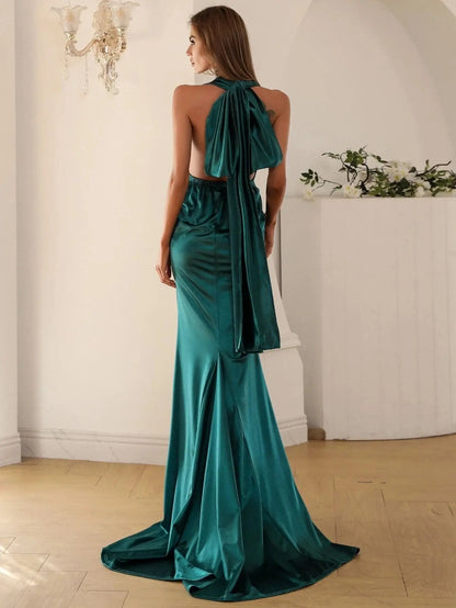 Dress Shining Halter V Neck Red Mermaid Sweep/Brush Train Sleeveless Prom Dress With Backless