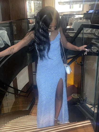 Dress Shiny Spaghetti Strap Sleeveless Mermaid Sequin Long Evening Prom Dresses Party Dresses