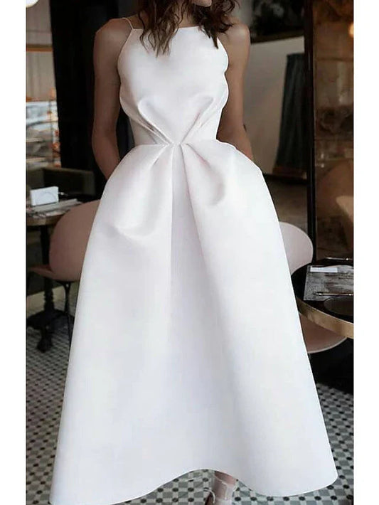Dress Short A-line Jewel Neck Satin Spaghetti Strap Formal Dresses
