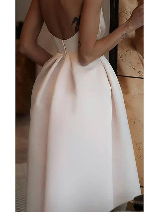 Dress Short A-line Jewel Neck Satin Spaghetti Strap Formal Dresses