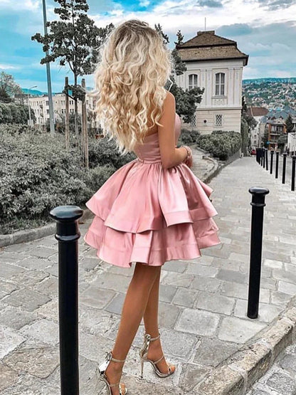 Dress Short A-line One Shoulder Layered Satin Short Prom Homecoming Dresses