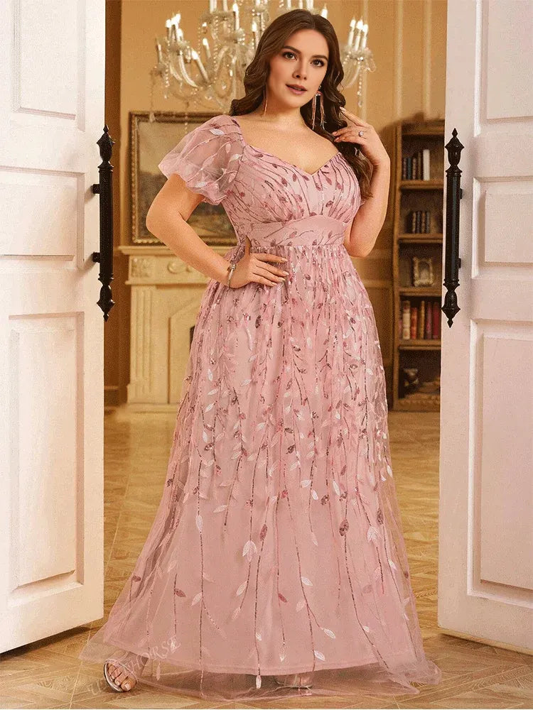 Dress Short Sleeve Pink A-line Sequined Leaf Shiny Floor-Length Evening Dress Big Size Bridesmaid Evening Dress Women Prom Mom Dress