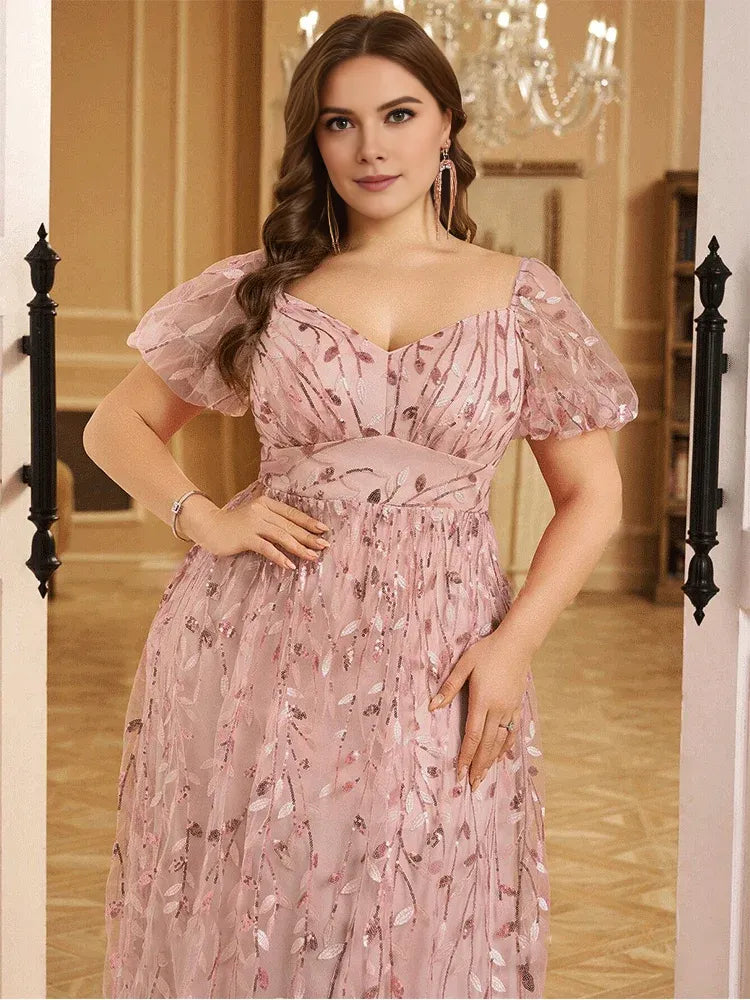 Dress Short Sleeve Pink A-line Sequined Leaf Shiny Floor-Length Evening Dress Big Size Bridesmaid Evening Dress Women Prom Mom Dress