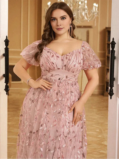 Dress Short Sleeve Pink A-line Sequined Leaf Shiny Floor-Length Evening Dress Big Size Bridesmaid Evening Dress Women Prom Mom Dress