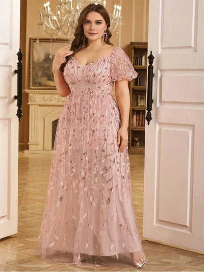 Dress Short Sleeve Pink A-line Sequined Leaf Shiny Floor-Length Evening Dress Big Size Bridesmaid Evening Dress Women Prom Mom Dress