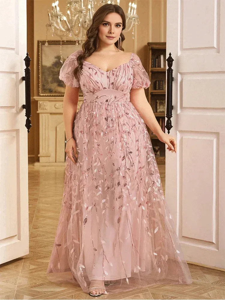 Dress Short Sleeve Pink A-line Sequined Leaf Shiny Floor-Length Evening Dress Big Size Bridesmaid Evening Dress Women Prom Mom Dress