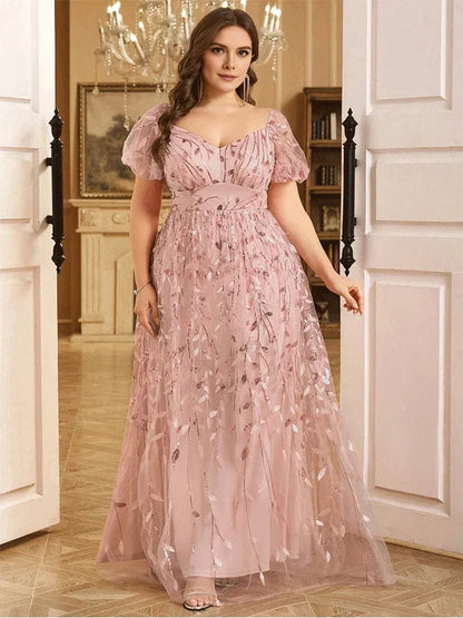Dress Short Sleeve Pink A-line Sequined Leaf Shiny Floor-Length Evening Dress Big Size Bridesmaid Evening Dress Women Prom Mom Dress