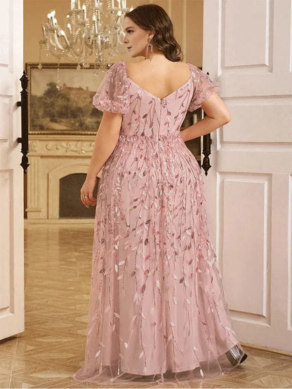 Dress Short Sleeve Pink A-line Sequined Leaf Shiny Floor-Length Evening Dress Big Size Bridesmaid Evening Dress Women Prom Mom Dress