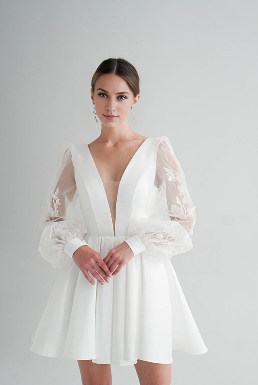 Dress Short wedding dress Elegant dress Reception dress Bride Dress With Long Sleeves Applique
