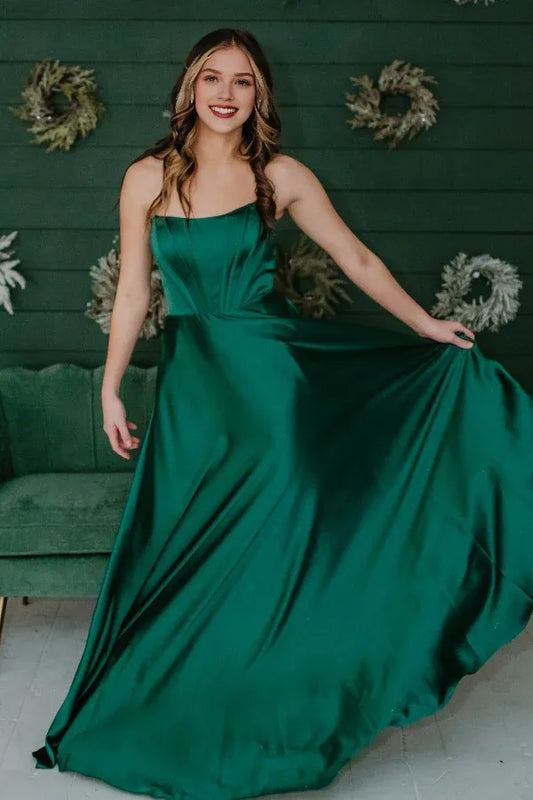 Dress Simple A-Line Boat Neck Sleeveless Pleated Lace Up Floor Length Dark Green Satin Prom Dress Evening Party Dress Bridesmaid Dress