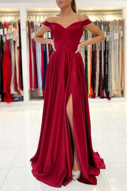 Dress Simple A-line Off-the-shoulder Satin Long Prom Dress with Slit