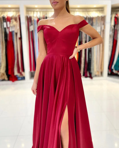Dress Simple A-line Off-the-shoulder Satin Long Prom Dress with Slit