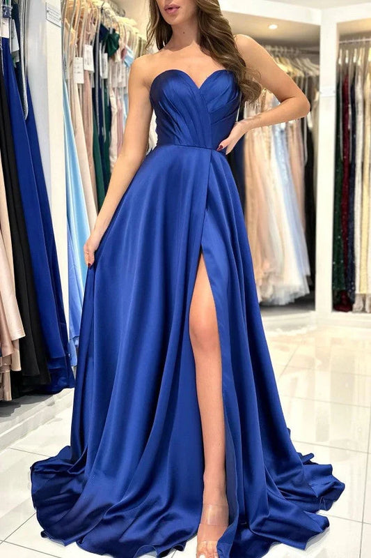 Dress Simple A-line Royal Blue Sleeveless Sweetheart Party Dress Split Satin Long Prom Dress