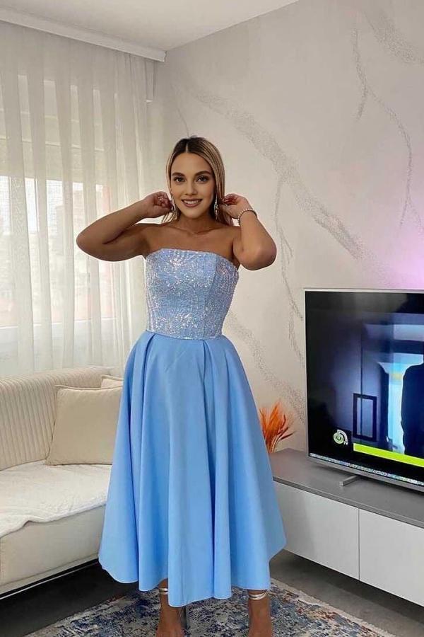 Dress Simple A-line Strapless Satin Blue Short Prom Dress