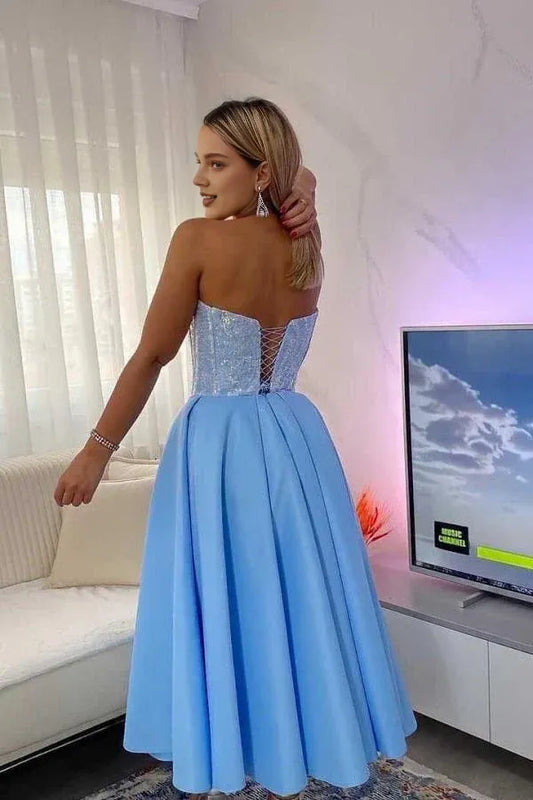 Dress Simple A-line Strapless Satin Blue Short Prom Dress