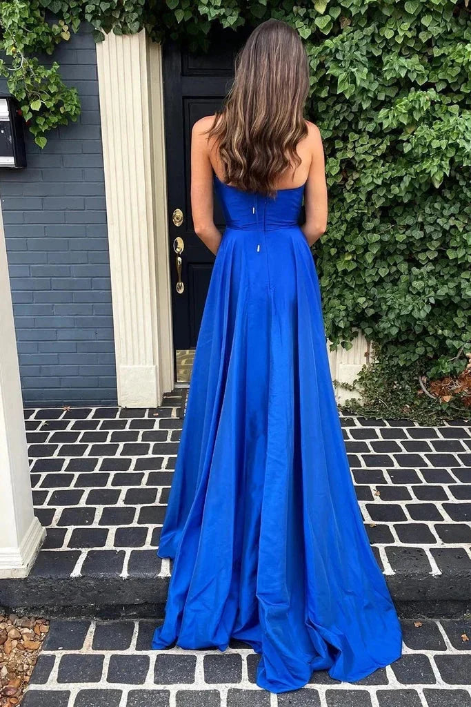 Dress Simple A Line Deep V Neck Royal Blue Long Prom Dress with Split