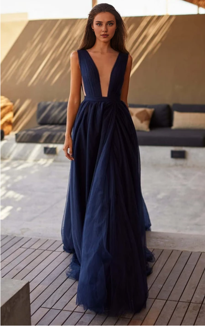 Dress Simple A Line Plunging Neck Evening Dress with Split Front Prom Dress Formal Wear Dresses