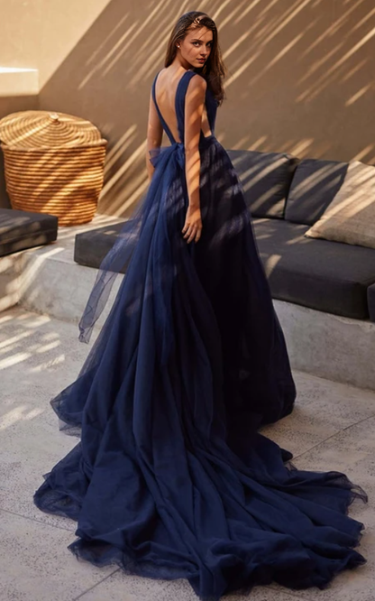 Dress Simple A Line Plunging Neck Evening Dress with Split Front Prom Dress Formal Wear Dresses