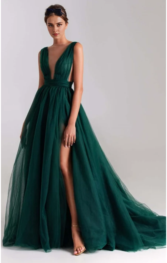 Dress Simple A Line Plunging Neck Evening Dress with Split Front Prom Dress Formal Wear Dresses
