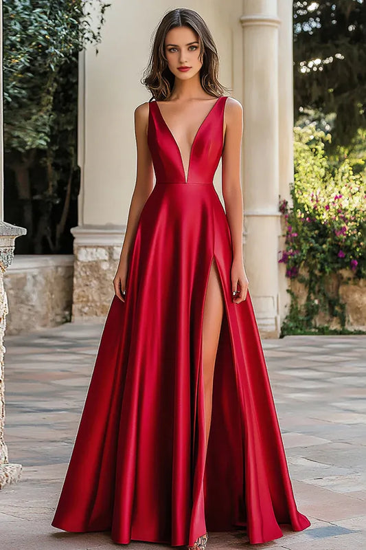 Dress Simple A Line Red V Neck Satin Plus Sleeveless Prom Dress With Slit Women Dress