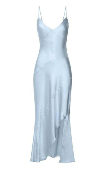 Dress Simple Asymmetric Draped Bias Cut Satin Slip Cocktail Maxi Dresses Blue Sheath Solid Color Spaghetti Straps Prom Dress
