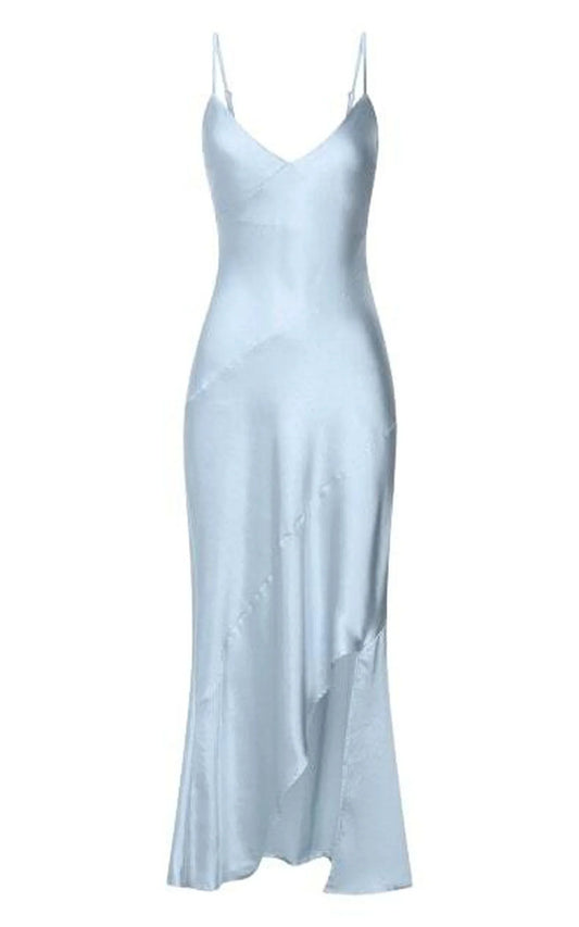 Dress Simple Asymmetric Draped Bias Cut Satin Slip Cocktail Maxi Dresses Blue Sheath Solid Color Spaghetti Straps Prom Dress